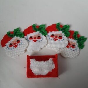 4 Vintage Christmas Santa hand knit cross stitch coasters